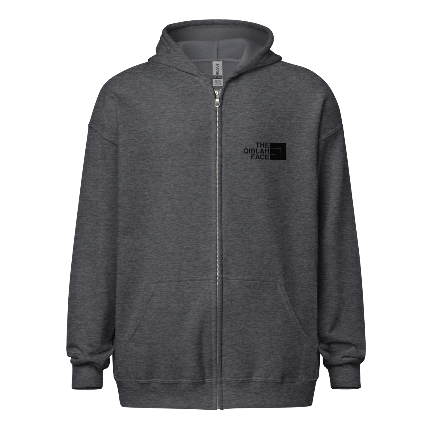 HOODIE Zip Heavy Blend (Adult) - THE QIBLAH FACE (Left Chest) w/ LOGO (Back) - Black