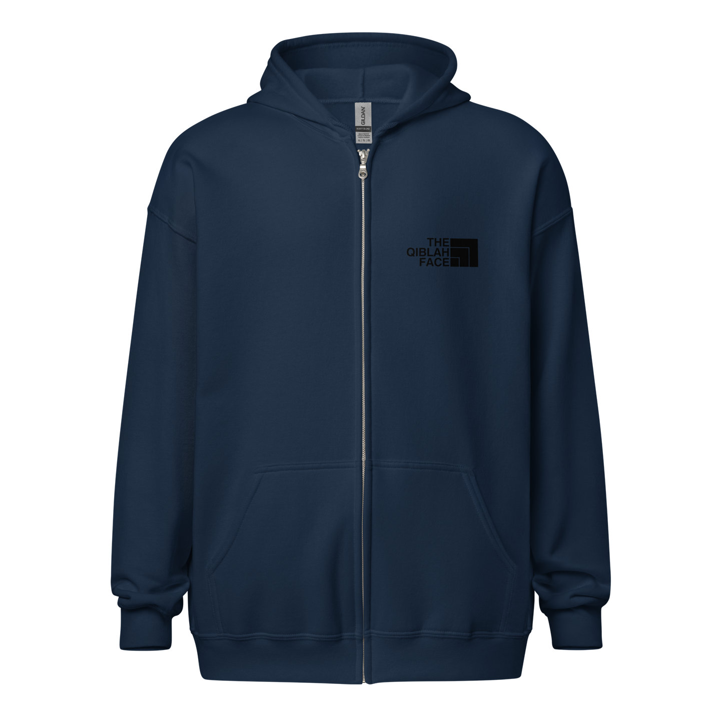 HOODIE Zip Heavy Blend (Adult) - THE QIBLAH FACE (Left Chest) w/ LOGO (Back) - Black