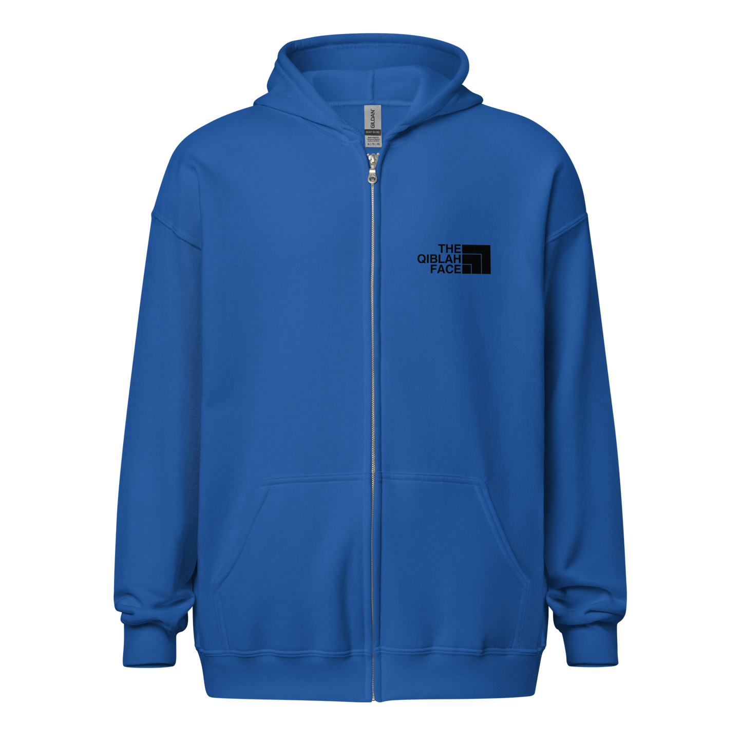 HOODIE Zip Heavy Blend (Adult) - THE QIBLAH FACE (Left Chest) w/ LOGO (Back) - Black