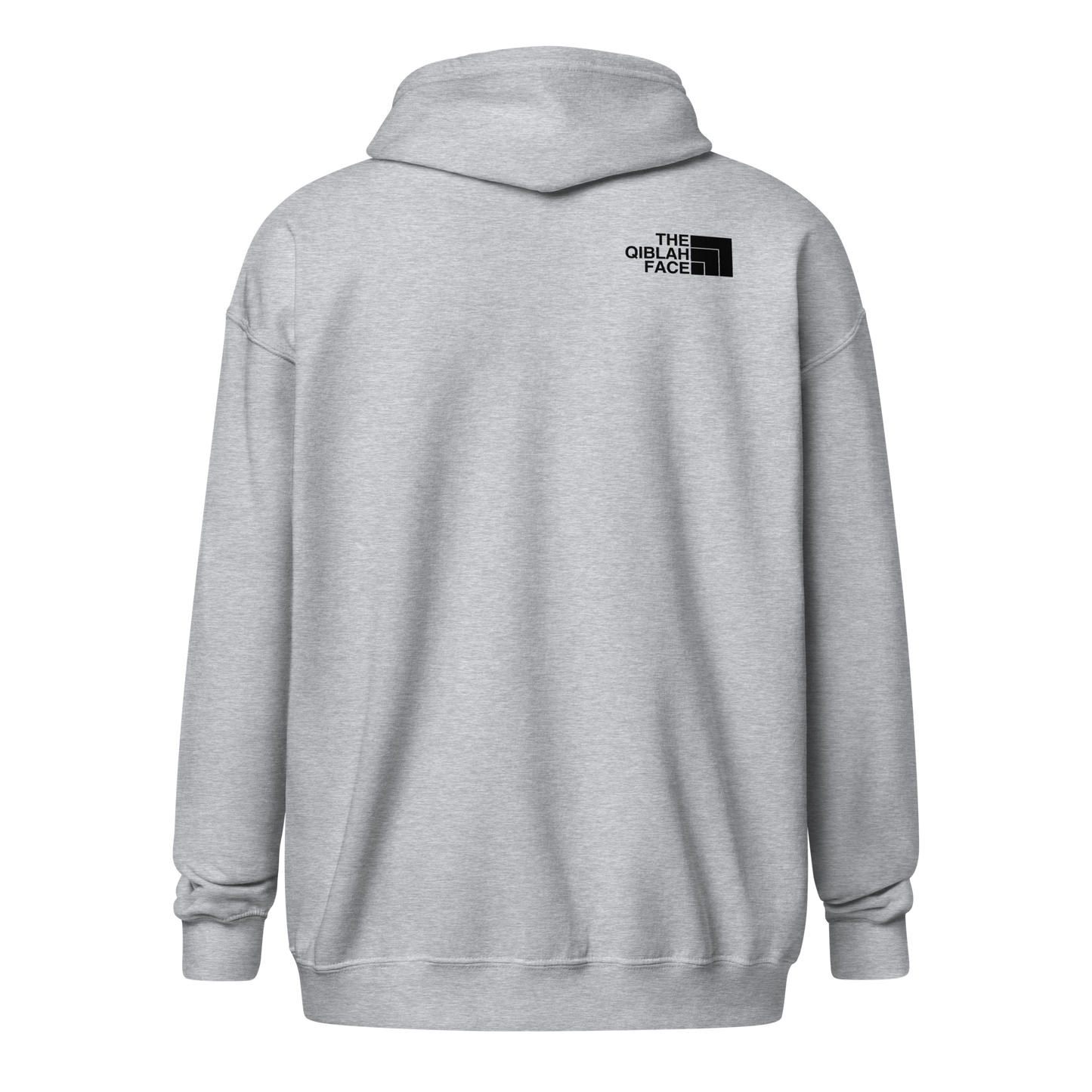 HOODIE Zip Heavy Blend (Adult) - THE QIBLAH FACE (Left Chest) w/ LOGO (Back) - Black