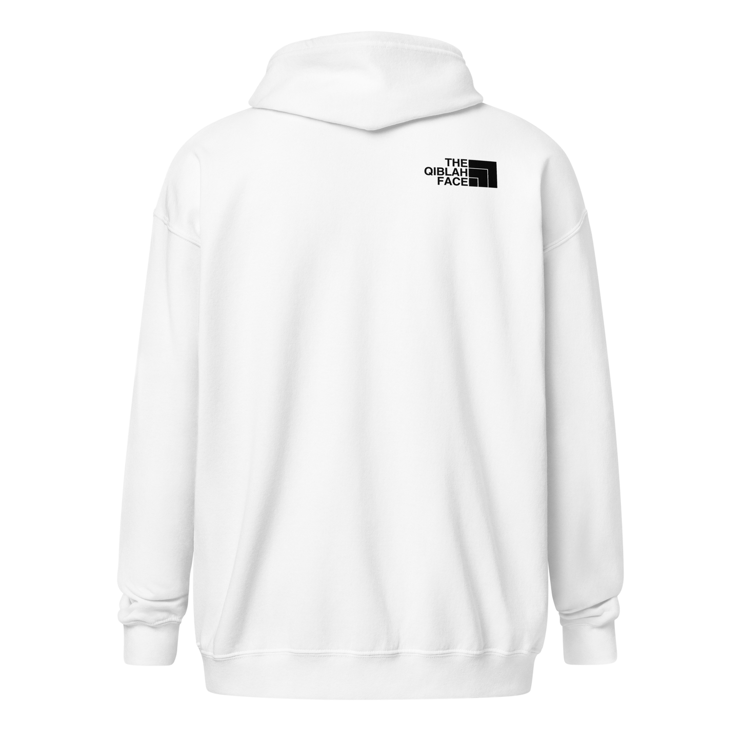 HOODIE Zip Heavy Blend (Adult) - THE QIBLAH FACE (Left Chest) w/ LOGO (Back) - Black
