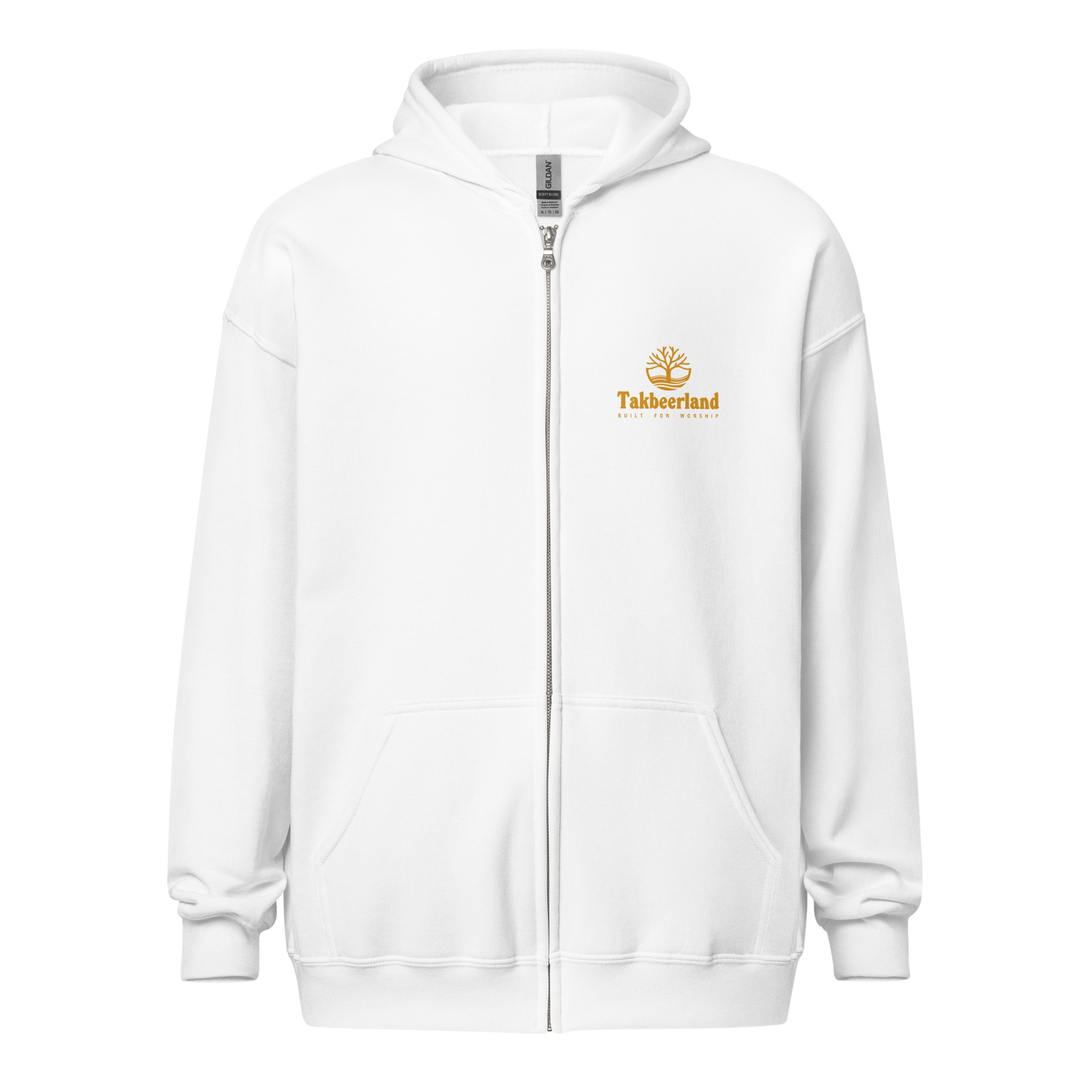 HOODIE Zip Heavy Blend (Adult) - TAKBEERLAND FULL LOGO (Left Chest) - Gold