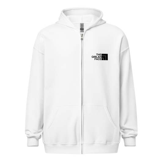 HOODIE Zip Heavy Blend (Adult) - THE QIBLAH FACE (Left Chest) w/ LOGO (Back) - Black