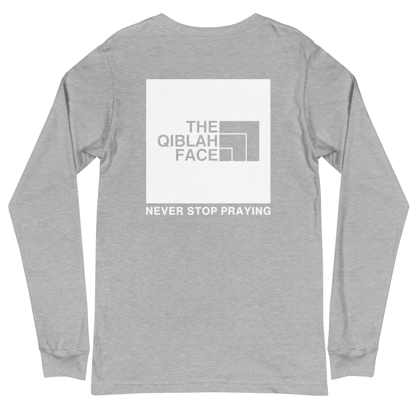 ADULT Long Sleeve Shirt - THE QIBLAH FACE (Never Stop Praying - Back Logo) - White