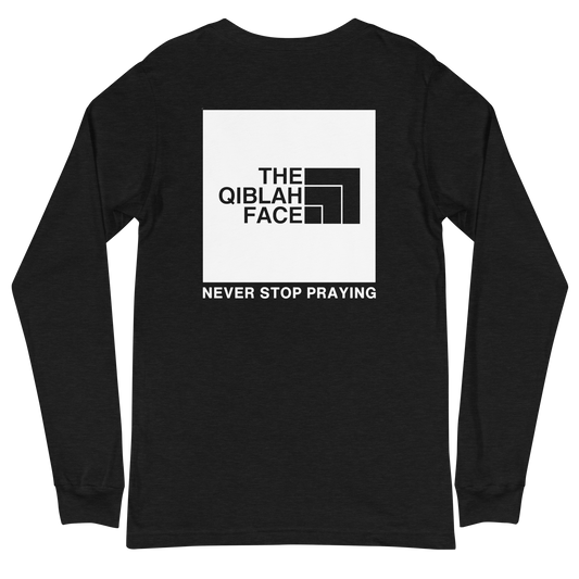 ADULT Long Sleeve Shirt - THE QIBLAH FACE (Never Stop Praying - Back Logo) - White