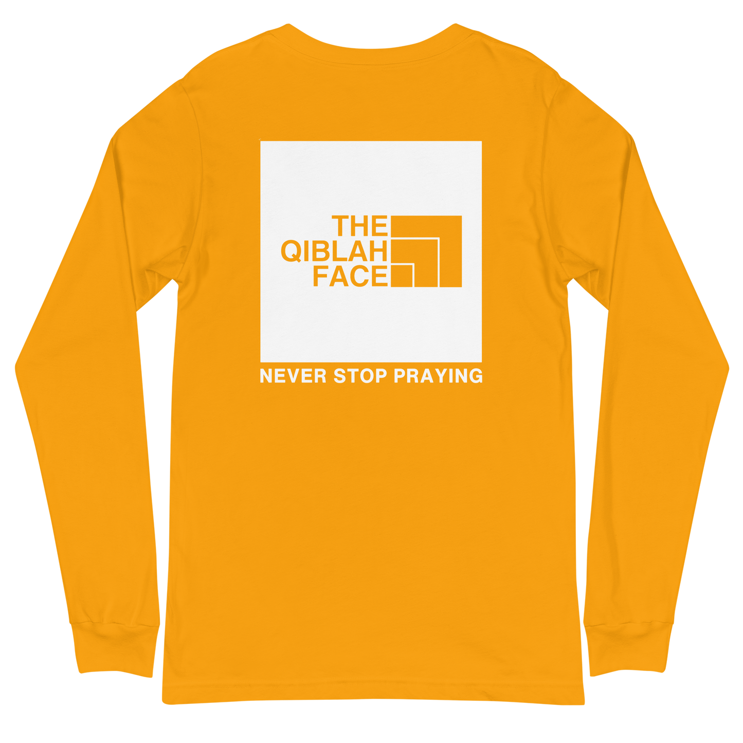 ADULT Long Sleeve Shirt - THE QIBLAH FACE (Never Stop Praying - Back Logo) - White