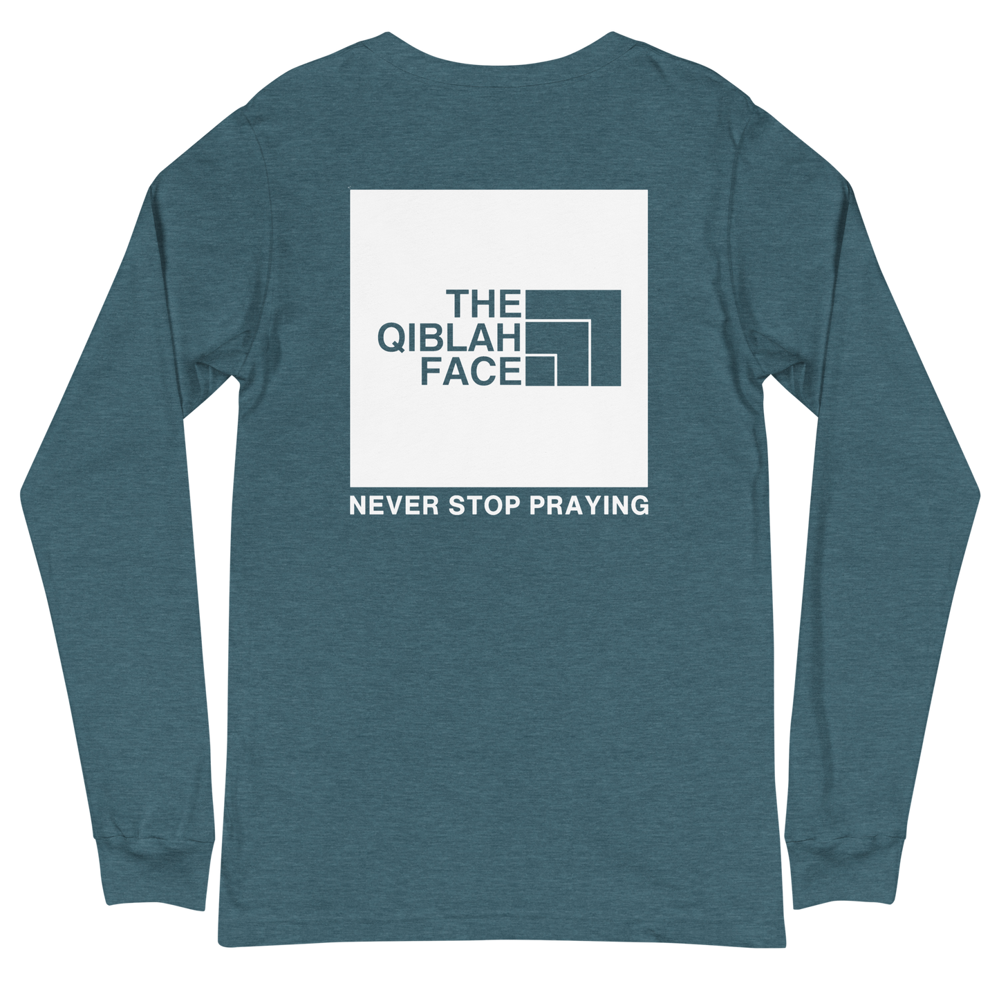 ADULT Long Sleeve Shirt - THE QIBLAH FACE (Never Stop Praying - Back Logo) - White