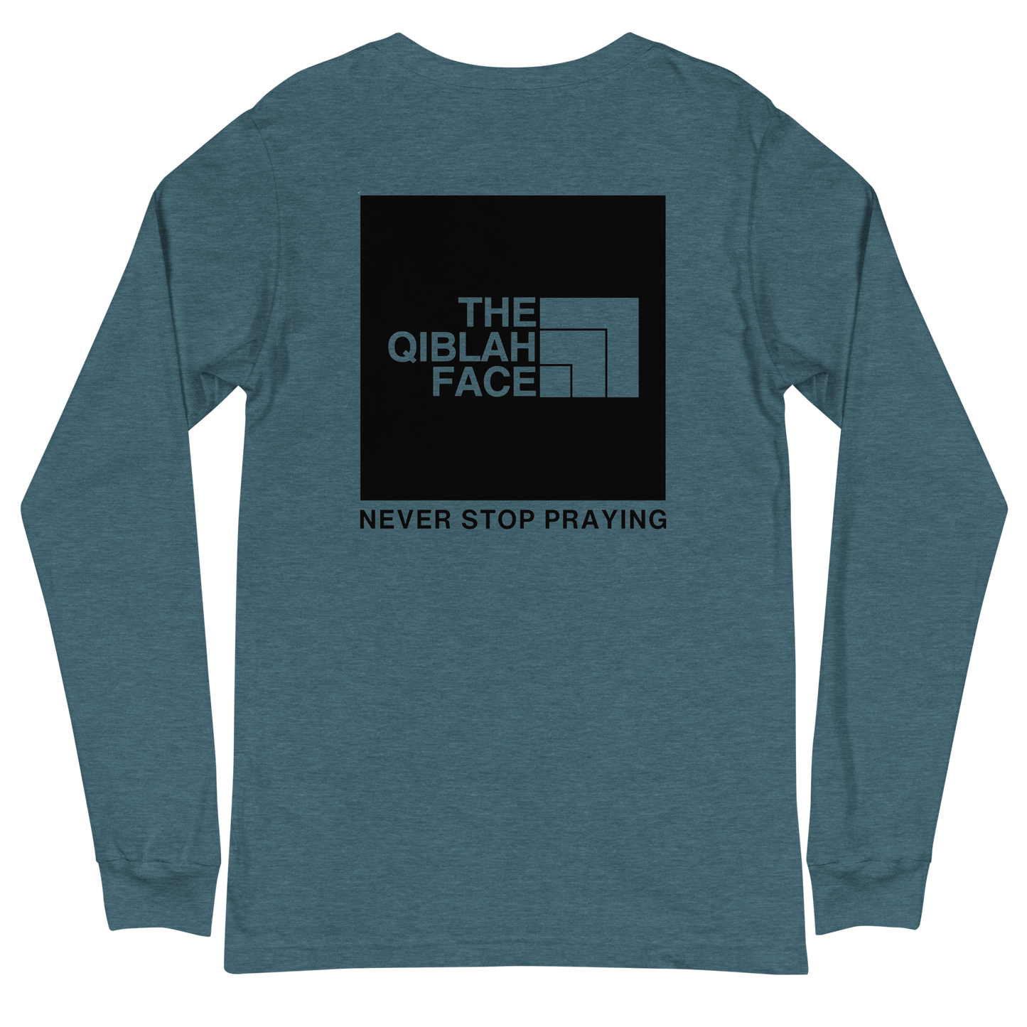 ADULT Long Sleeve Shirt - THE QIBLAH FACE (Never Stop Praying - Back Logo) - Black