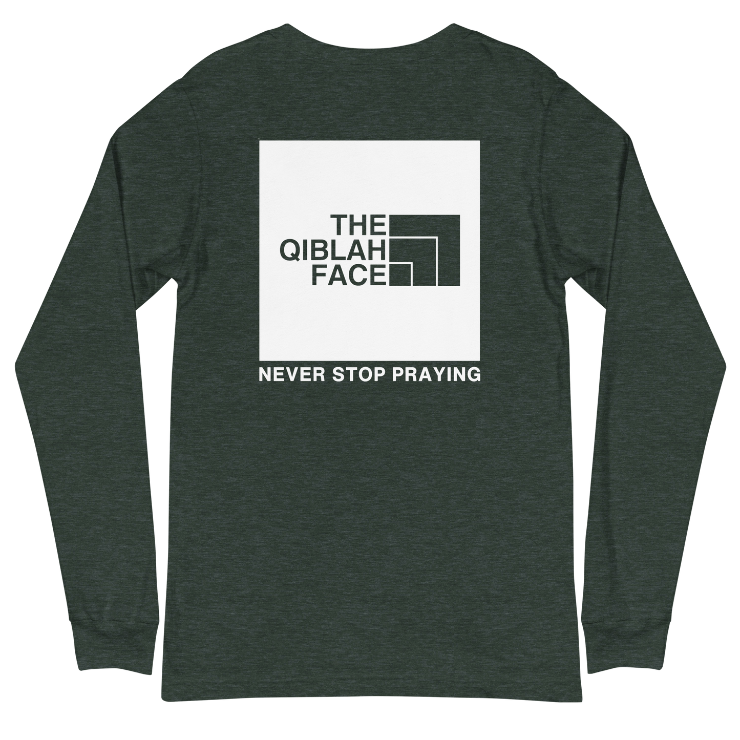 ADULT Long Sleeve Shirt - THE QIBLAH FACE (Never Stop Praying - Back Logo) - White