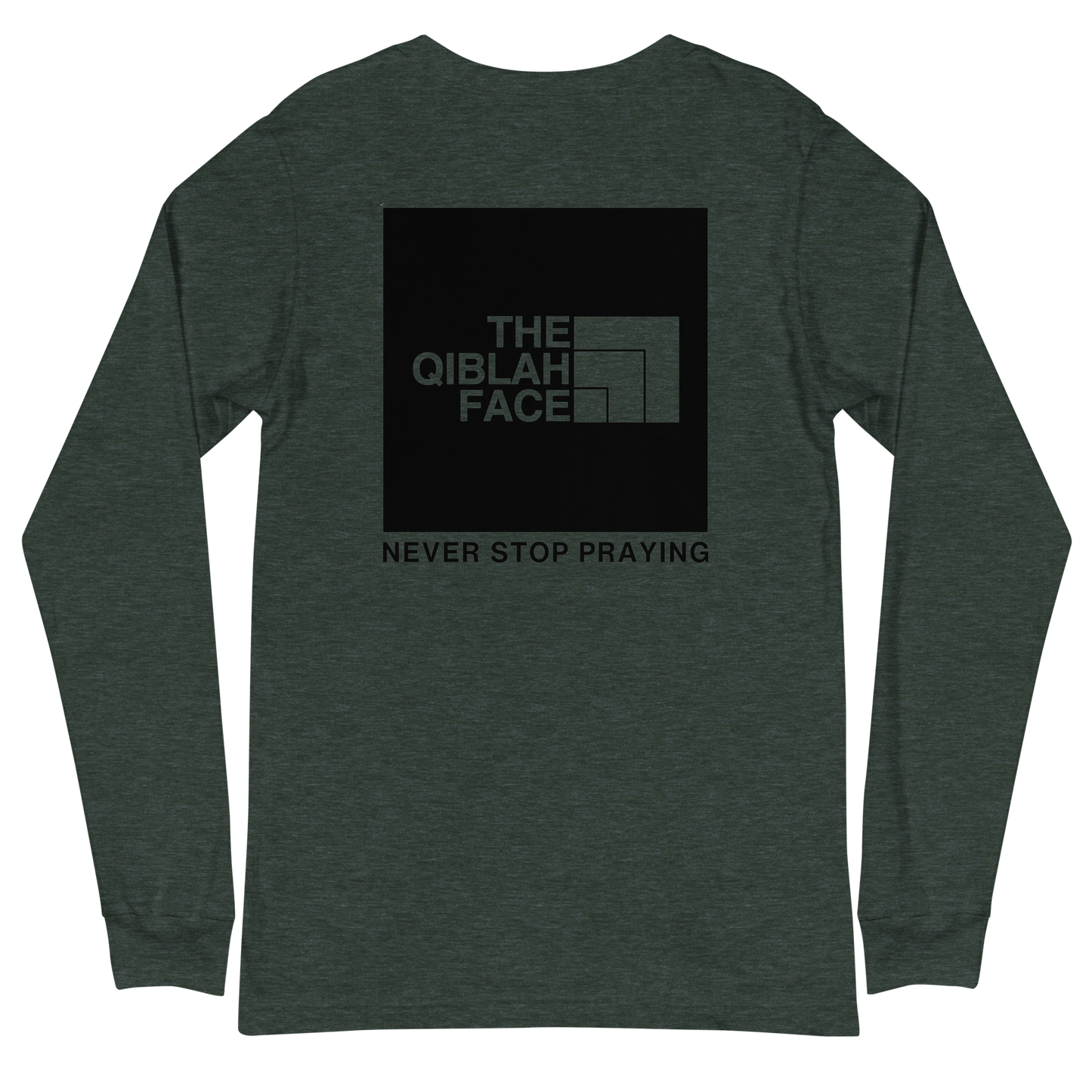 ADULT Long Sleeve Shirt - THE QIBLAH FACE (Never Stop Praying - Back Logo) - Black