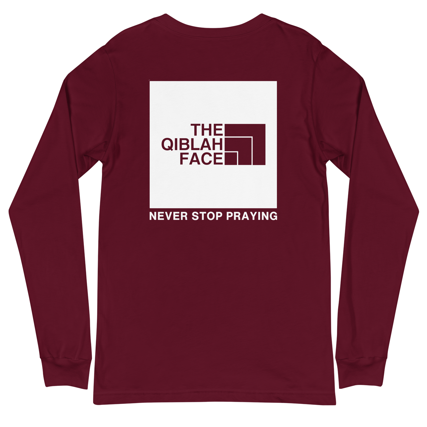 ADULT Long Sleeve Shirt - THE QIBLAH FACE (Never Stop Praying - Back Logo) - White