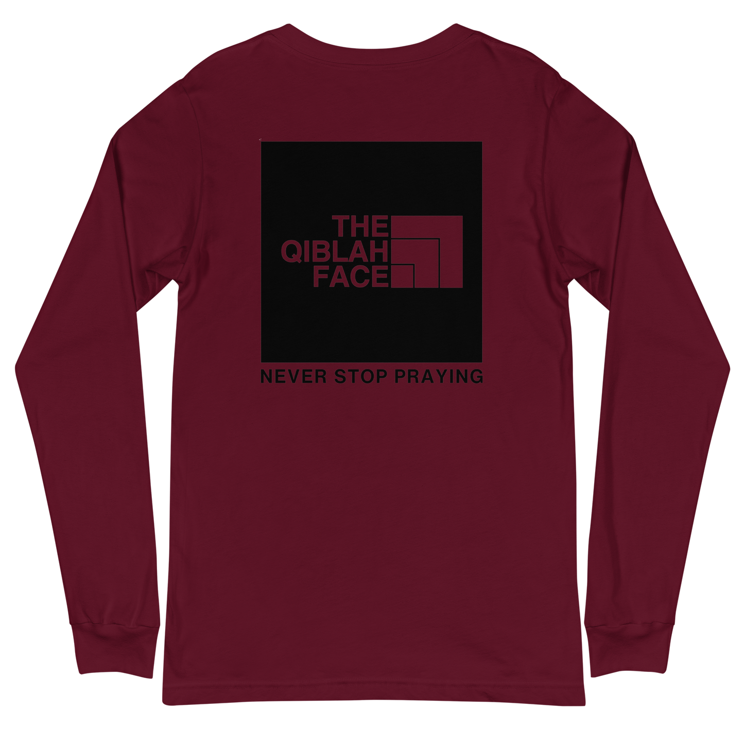 ADULT Long Sleeve Shirt - THE QIBLAH FACE (Never Stop Praying - Back Logo) - Black