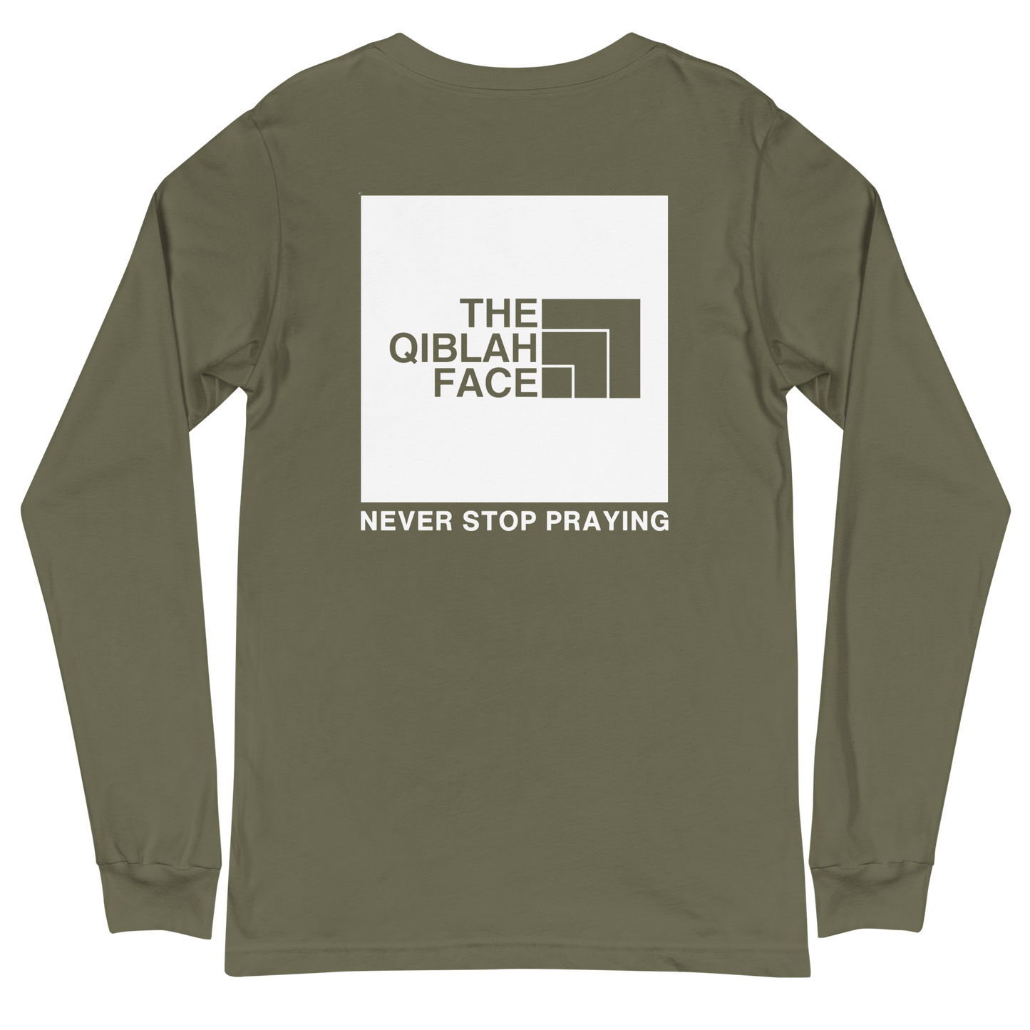ADULT Long Sleeve Shirt - THE QIBLAH FACE (Never Stop Praying - Back Logo) - White