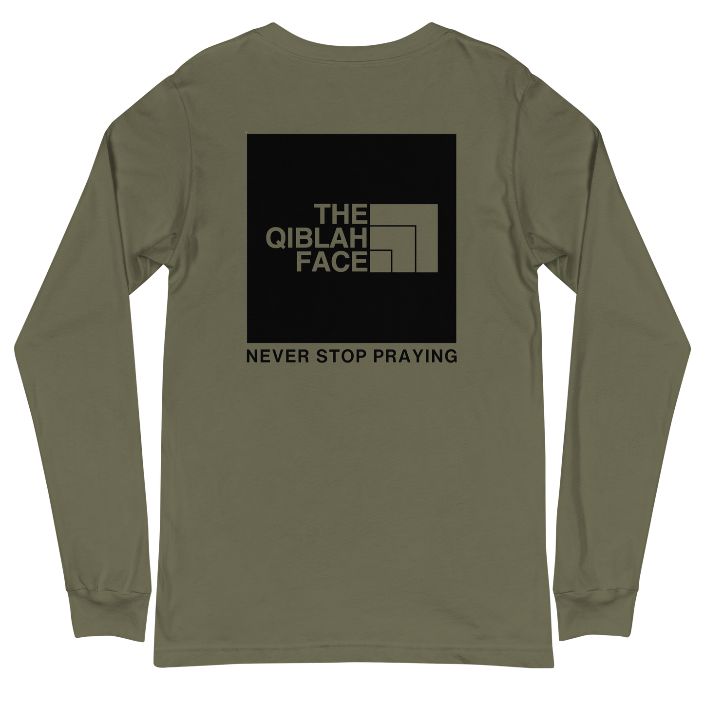 ADULT Long Sleeve Shirt - THE QIBLAH FACE (Never Stop Praying - Back Logo) - Black