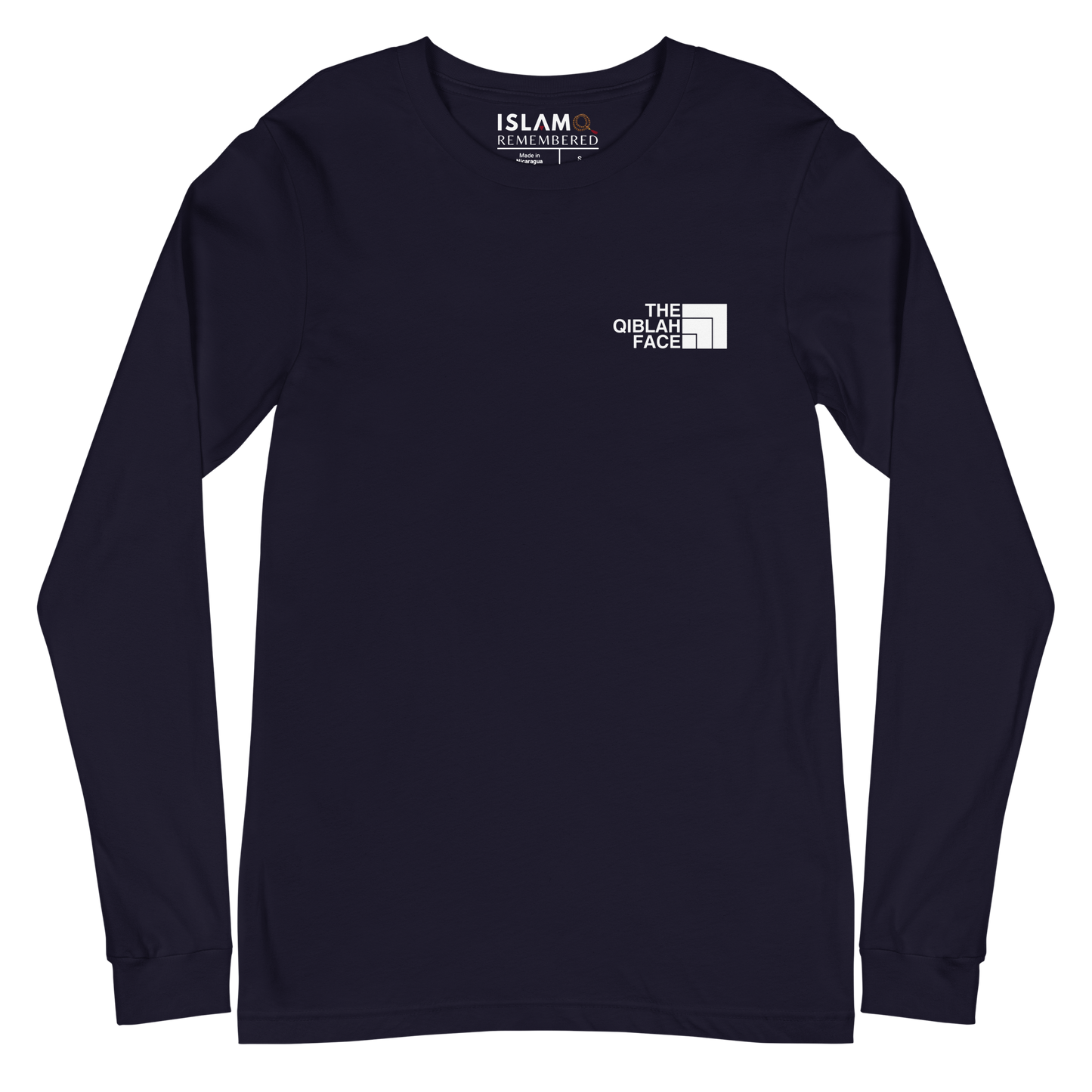 ADULT Long Sleeve Shirt - THE QIBLAH FACE (Never Stop Praying - Back Logo) - White