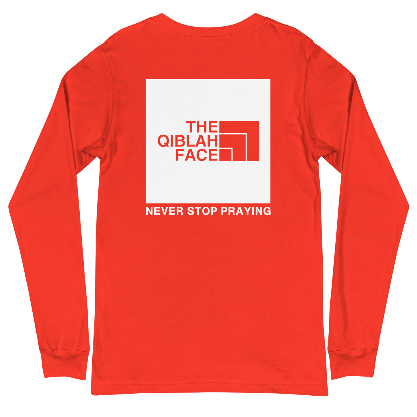 ADULT Long Sleeve Shirt - THE QIBLAH FACE (Never Stop Praying - Back Logo) - White