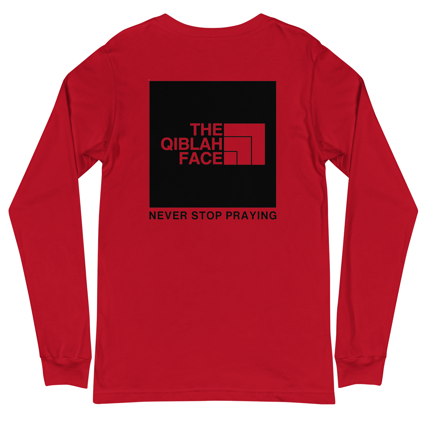 ADULT Long Sleeve Shirt - THE QIBLAH FACE (Never Stop Praying - Back Logo) - Black