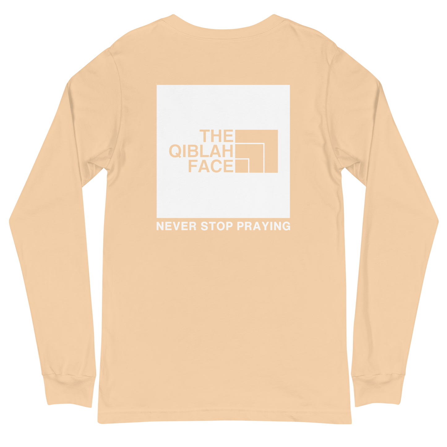 ADULT Long Sleeve Shirt - THE QIBLAH FACE (Never Stop Praying - Back Logo) - White