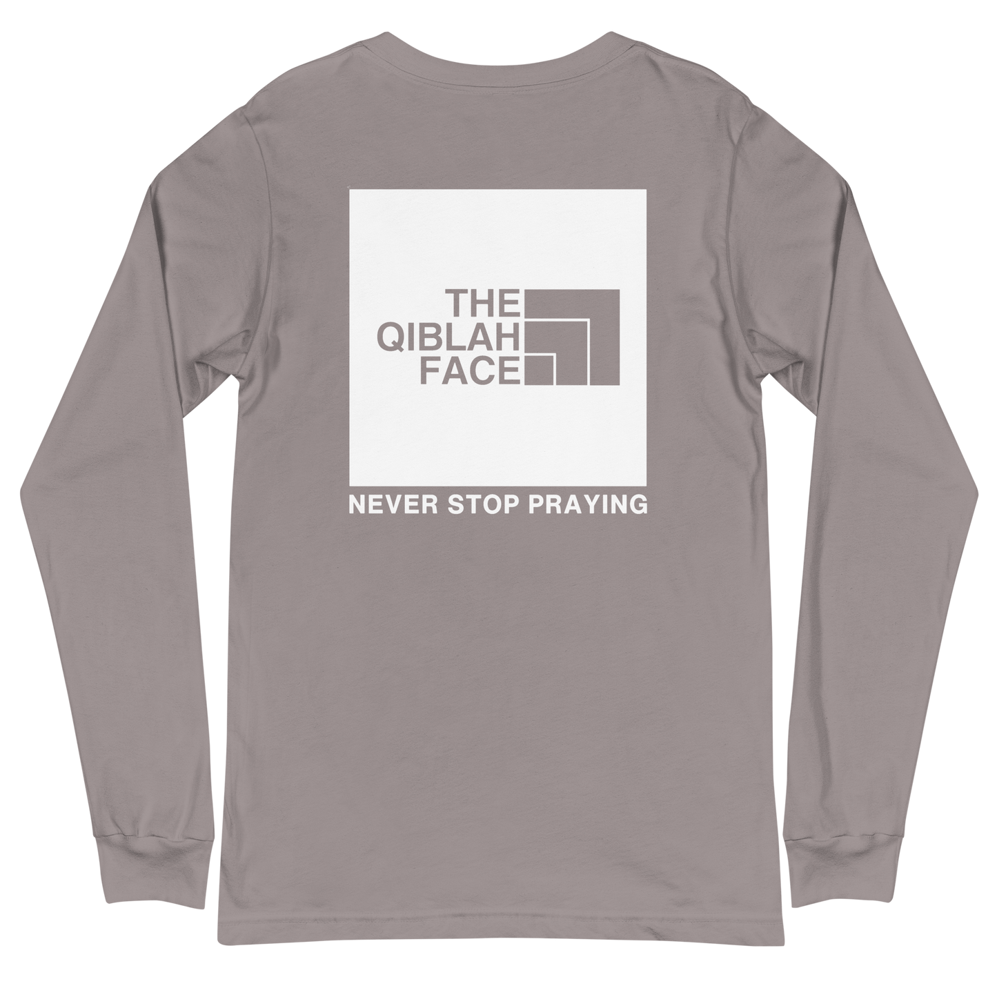 ADULT Long Sleeve Shirt - THE QIBLAH FACE (Never Stop Praying - Back Logo) - White