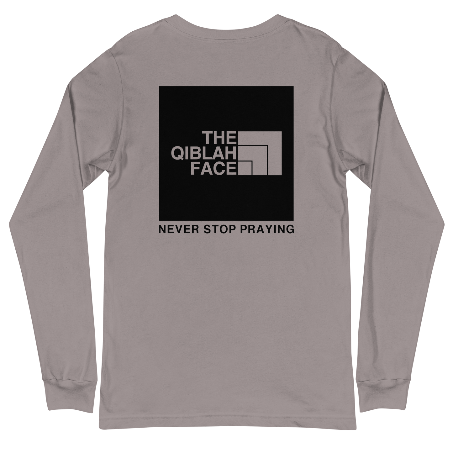 ADULT Long Sleeve Shirt - THE QIBLAH FACE (Never Stop Praying - Back Logo) - Black