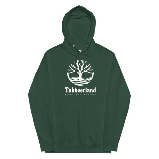 HOODIE Midweight (Adult) - TAKBEERLAND FULL LOGO (Centered/Large) - White