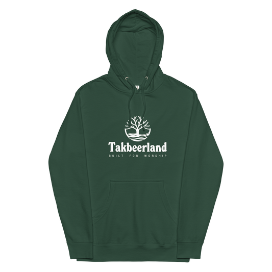 HOODIE Midweight (Adult) - TAKBEERLAND FULL LOGO (Centered/Medium) - White