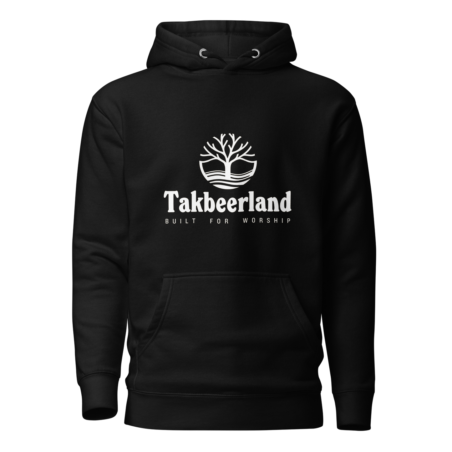 HOODIE Premium (Adult) - TAKBEERLAND FULL LOGO (Centered/Medium) - White