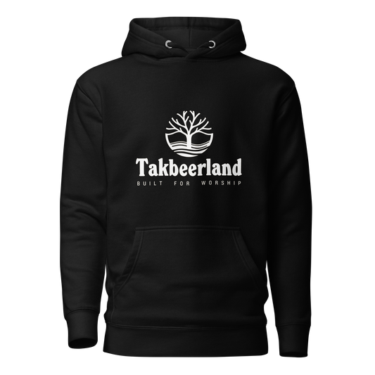 HOODIE Premium (Adult) - TAKBEERLAND FULL LOGO (Centered/Medium) - White