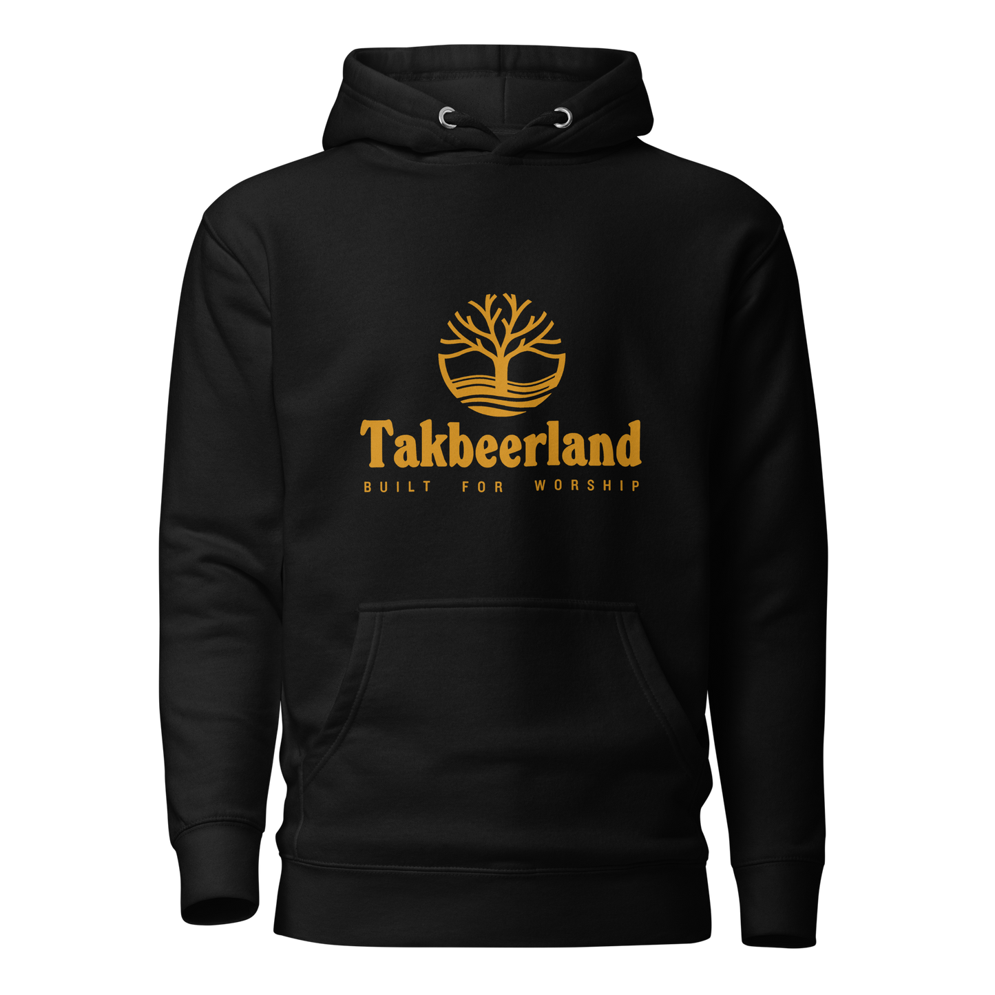 HOODIE Premium (Adult) - TAKBEERLAND FULL LOGO (Centered/Medium) - Gold