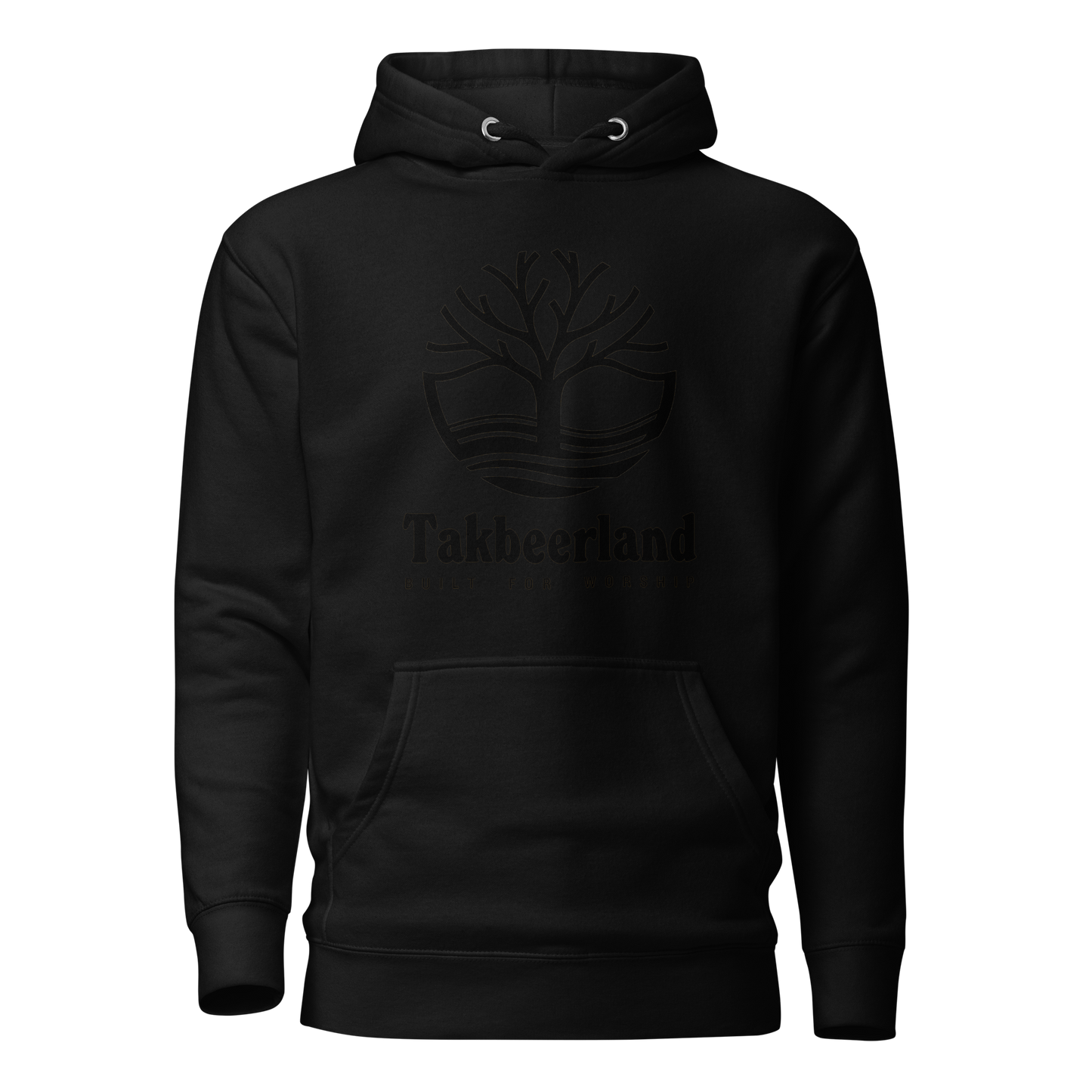 HOODIE Premium (Adult) - TAKBEERLAND FULL LOGO (Centered/Large) - Black