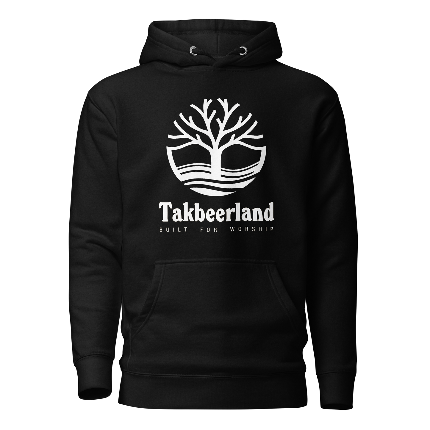HOODIE Premium (Adult) - TAKBEERLAND FULL LOGO (Centered/Large) - White