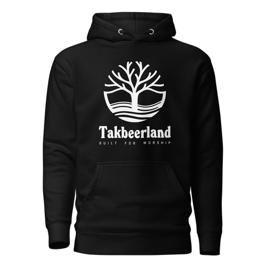 HOODIE Premium (Adult) - TAKBEERLAND FULL LOGO (Centered/Large) - White