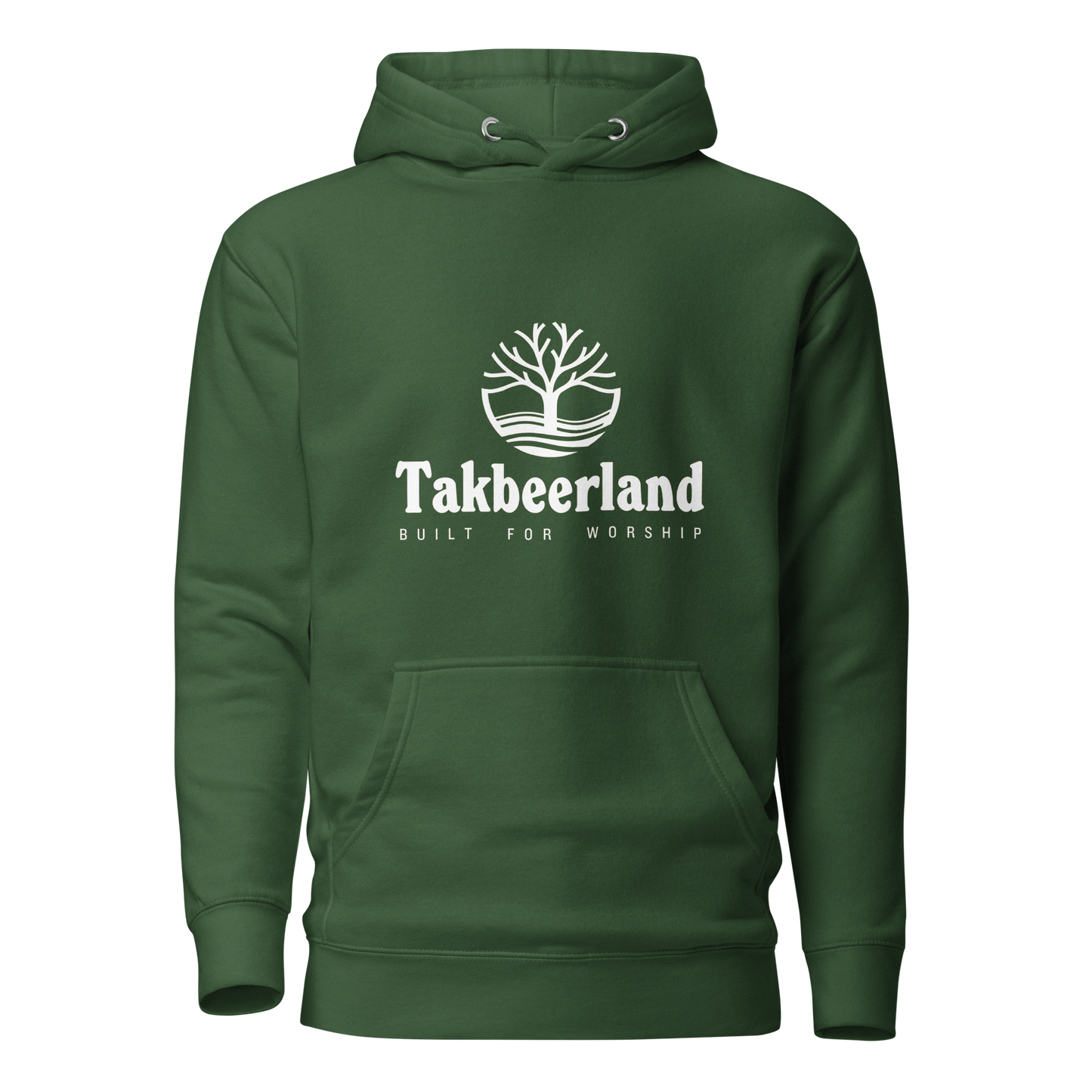 HOODIE Premium (Adult) - TAKBEERLAND FULL LOGO (Centered/Medium) - White