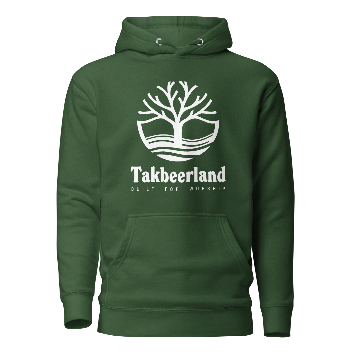 HOODIE Premium (Adult) - TAKBEERLAND FULL LOGO (Centered/Large) - White