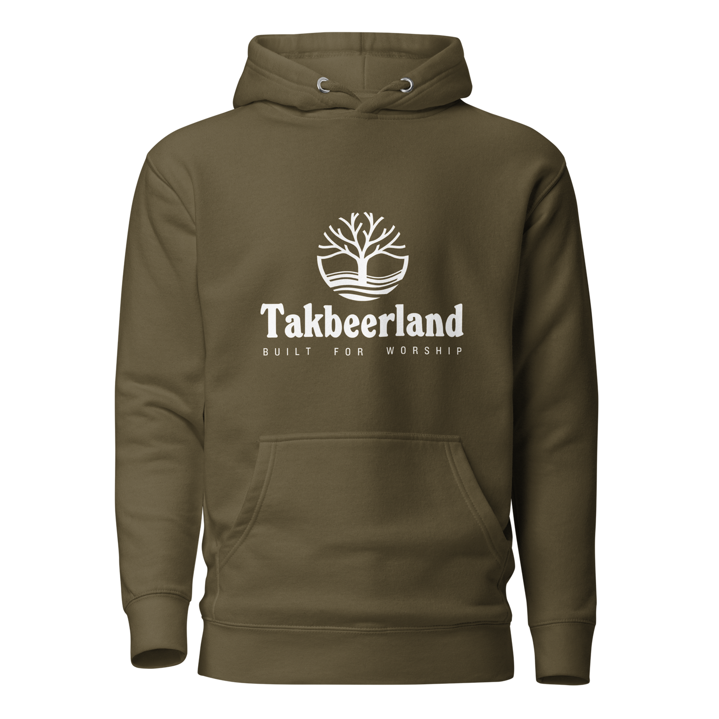 HOODIE Premium (Adult) - TAKBEERLAND FULL LOGO (Centered/Medium) - White