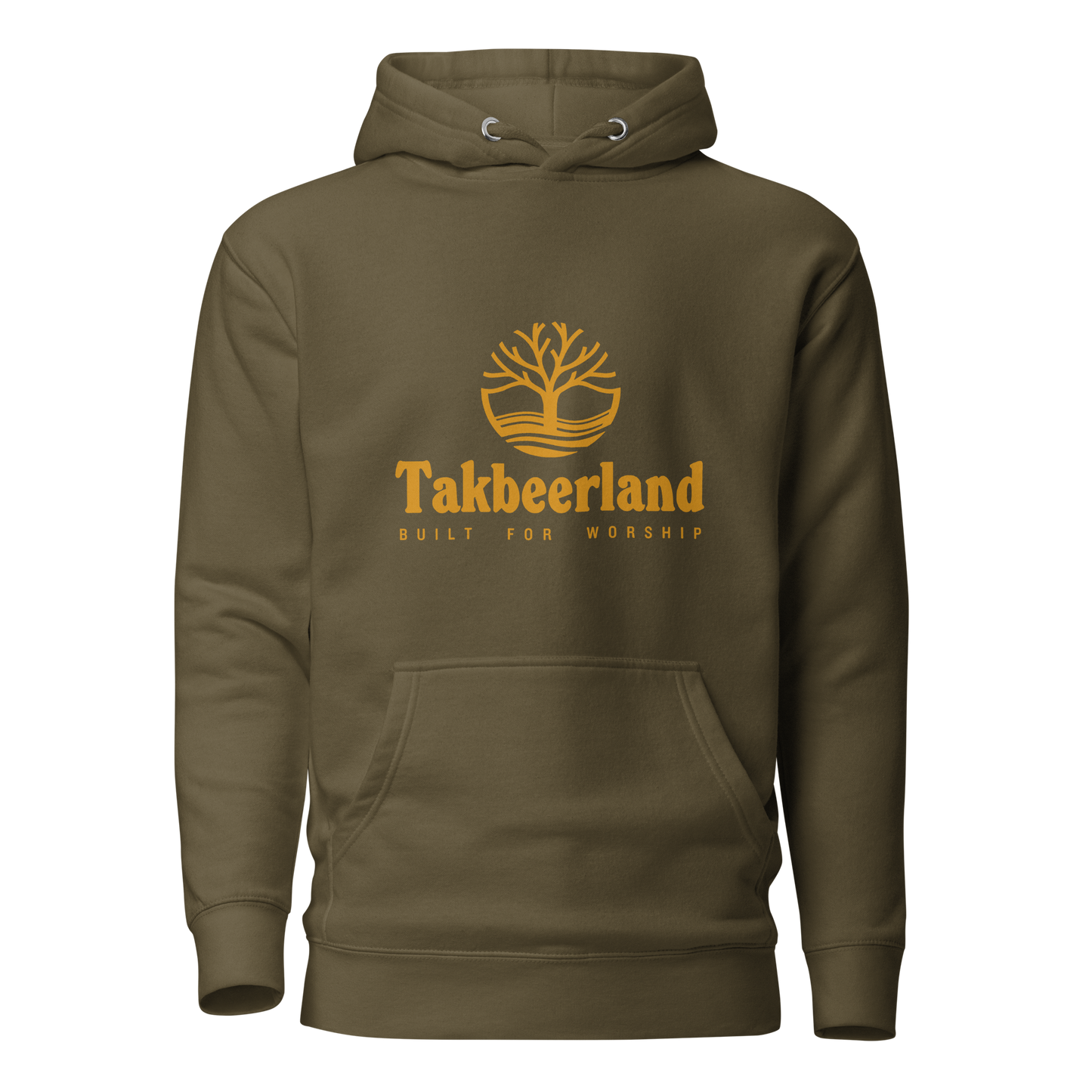 HOODIE Premium (Adult) - TAKBEERLAND FULL LOGO (Centered/Medium) - Gold