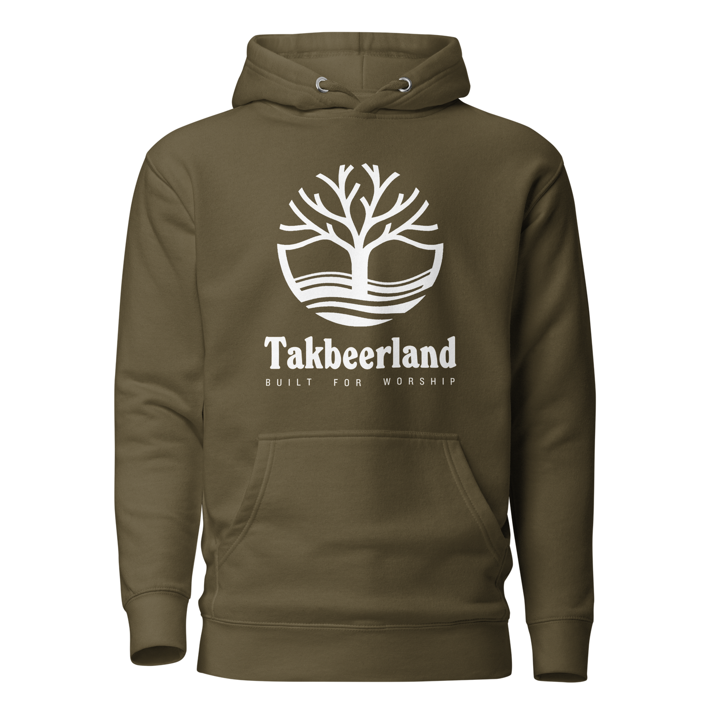 HOODIE Premium (Adult) - TAKBEERLAND FULL LOGO (Centered/Large) - White