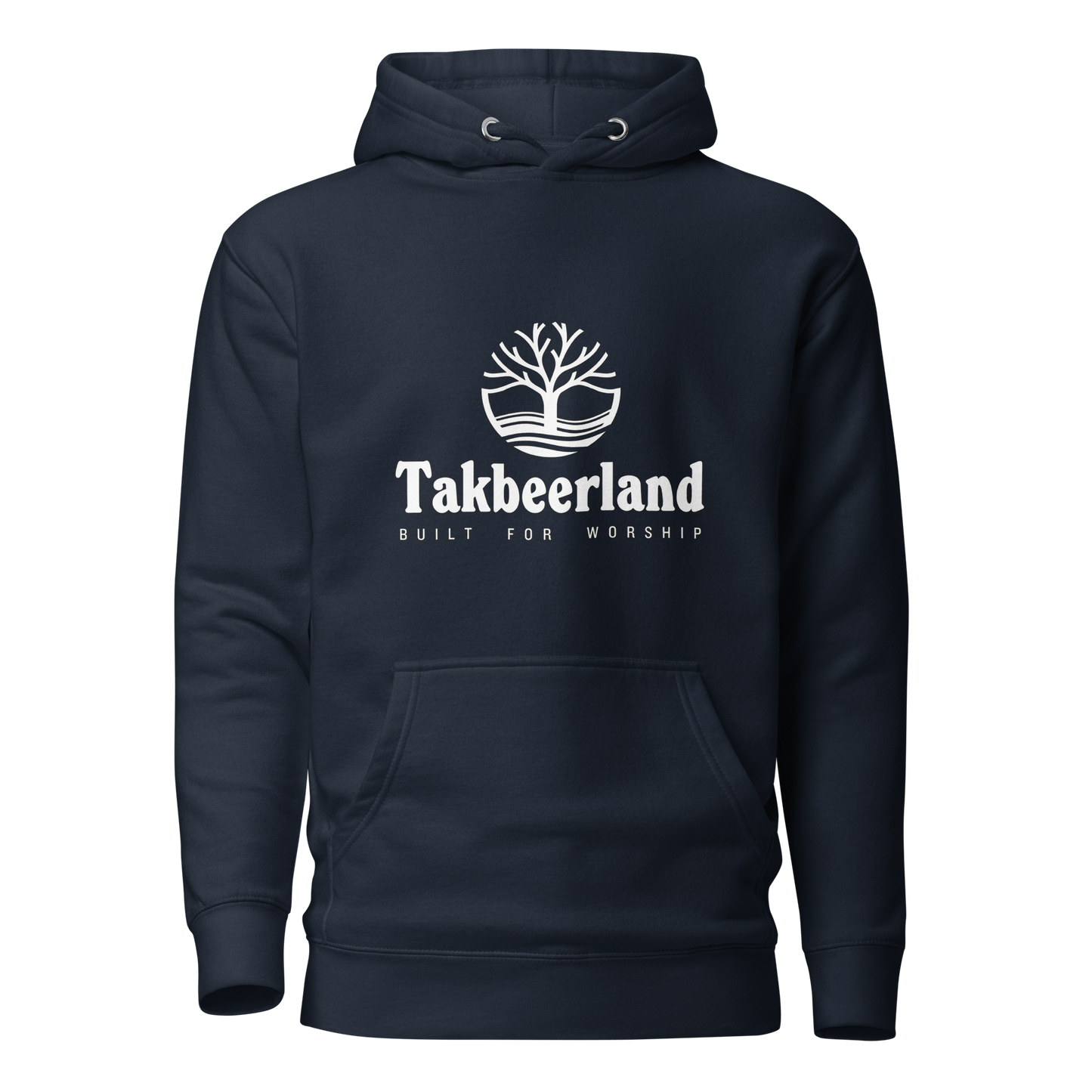 HOODIE Premium (Adult) - TAKBEERLAND FULL LOGO (Centered/Medium) - White