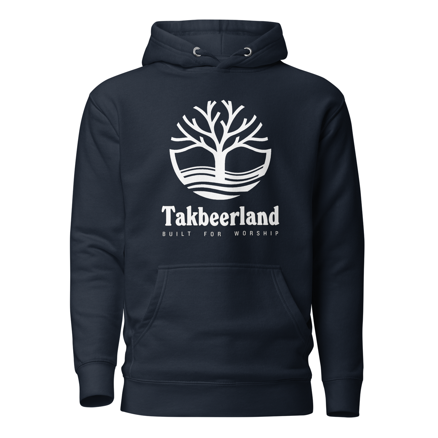 HOODIE Premium (Adult) - TAKBEERLAND FULL LOGO (Centered/Large) - White