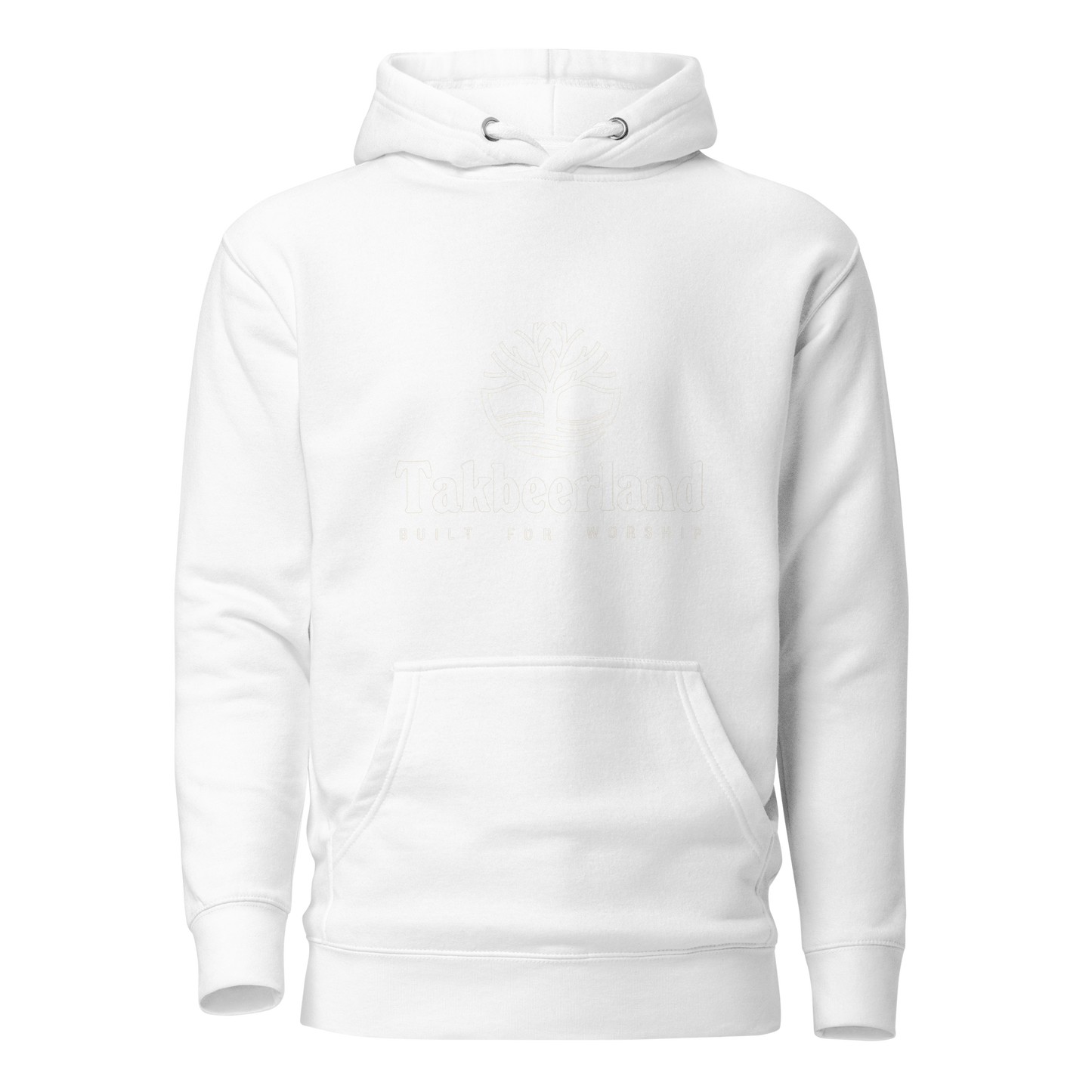 HOODIE Premium (Adult) - TAKBEERLAND FULL LOGO (Centered/Medium) - White