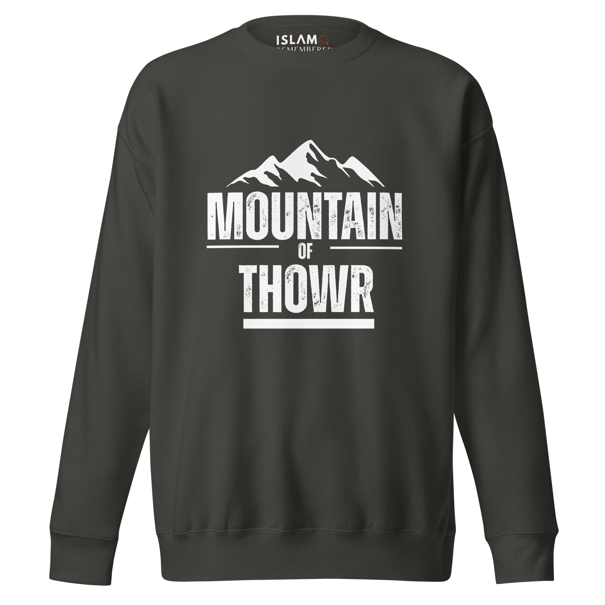 Black sweatshirt with 'Mountain of Thowr' text and mountain graphic on a white background