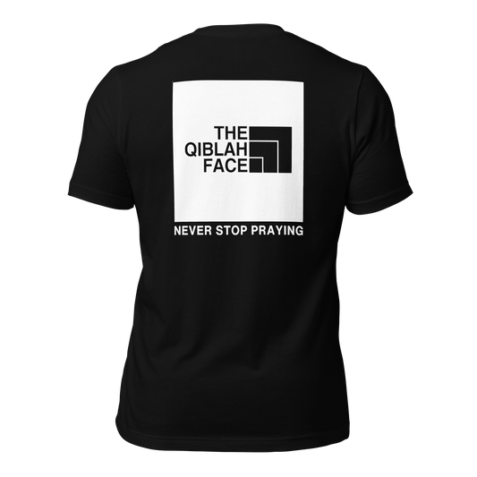 ADULT T-Shirt - THE QIBLAH FACE (Never Stop Praying - Back Logo) - White