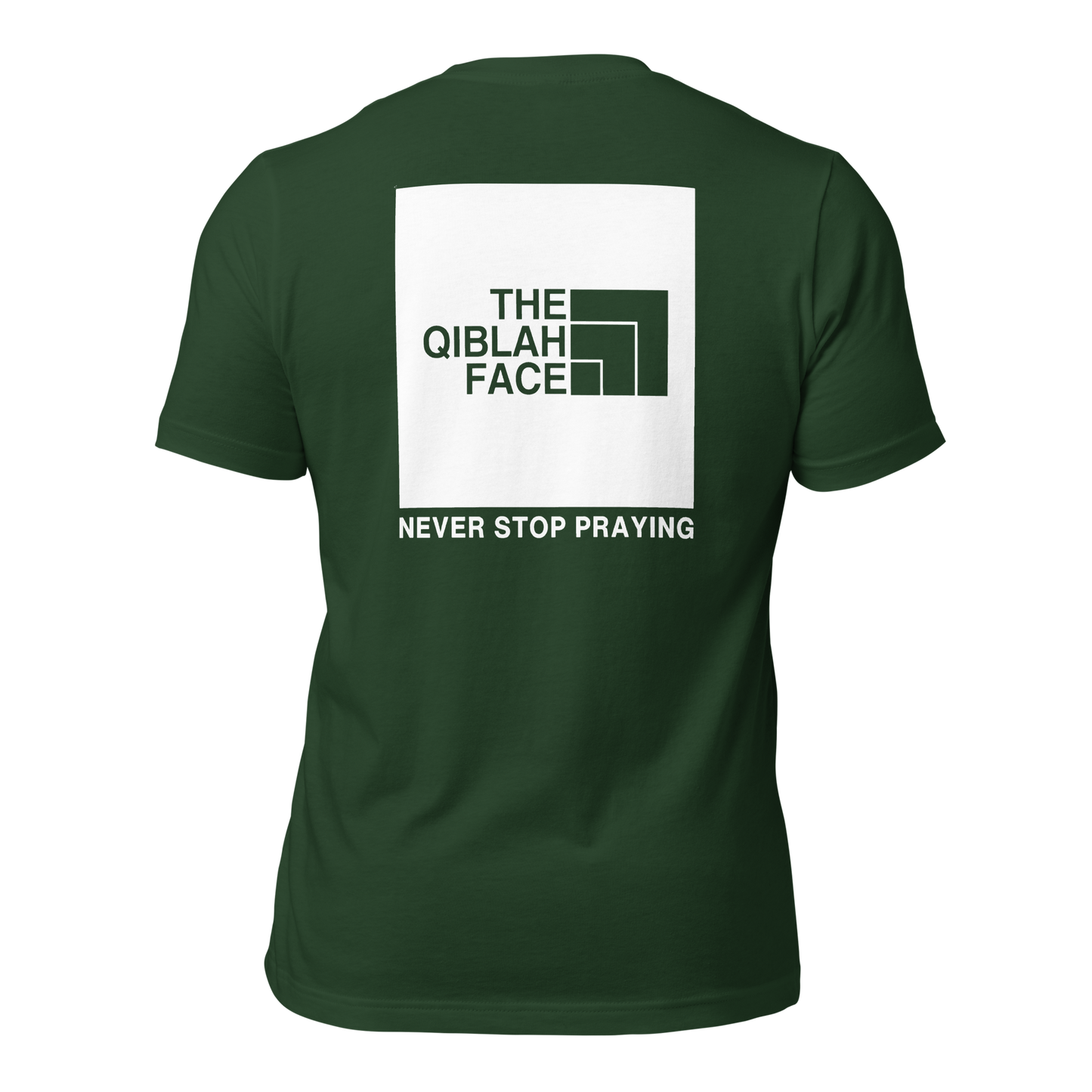 ADULT T-Shirt - THE QIBLAH FACE (Never Stop Praying - Back Logo) - White