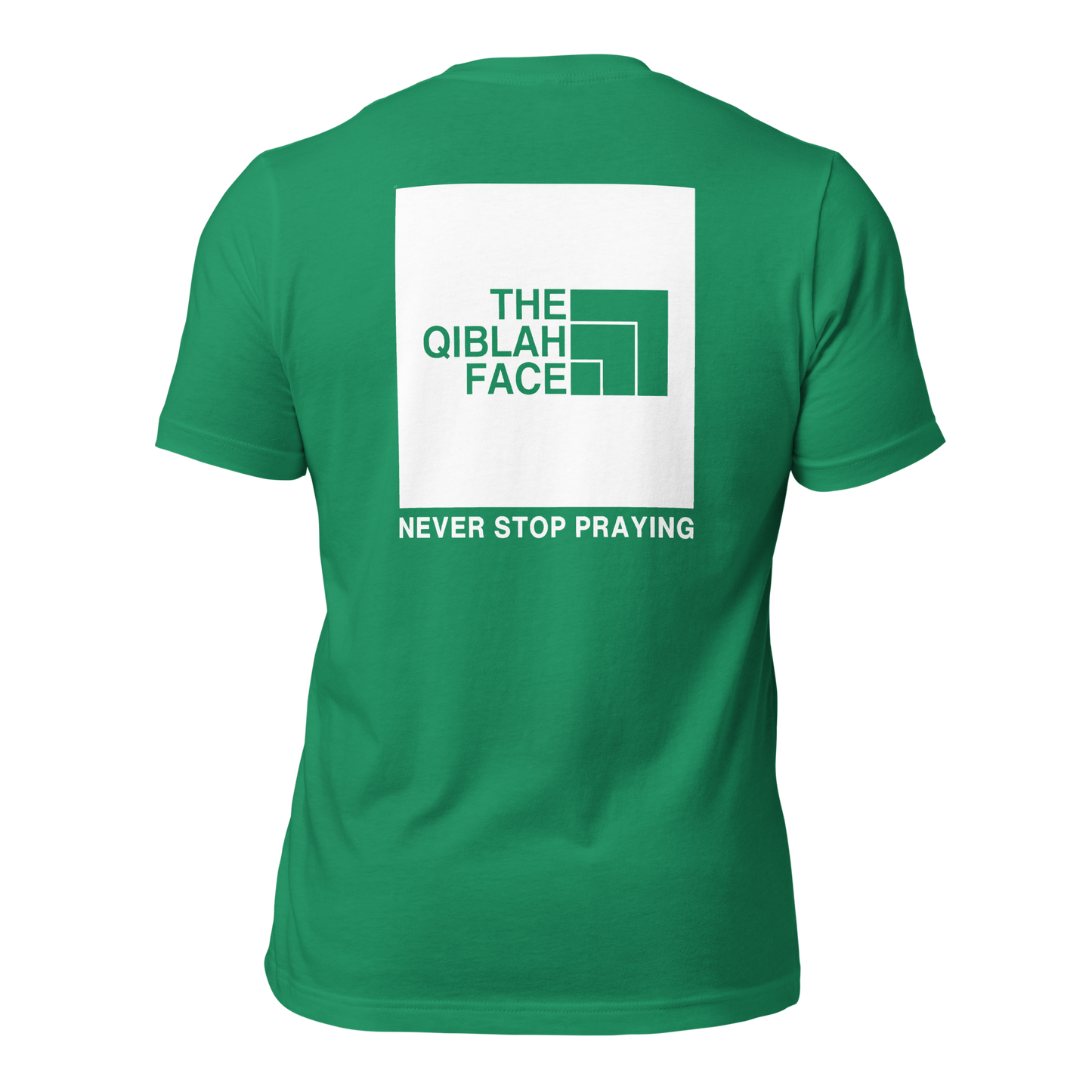 ADULT T-Shirt - THE QIBLAH FACE (Never Stop Praying - Back Logo) - White