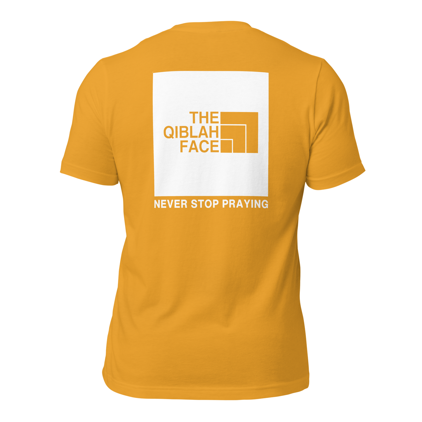 ADULT T-Shirt - THE QIBLAH FACE (Never Stop Praying - Back Logo) - White