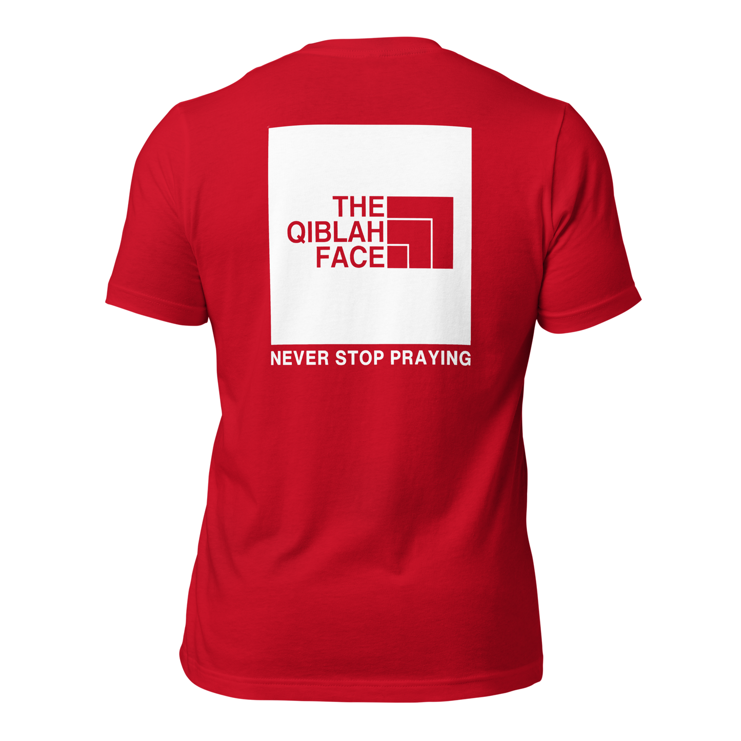 ADULT T-Shirt - THE QIBLAH FACE (Never Stop Praying - Back Logo) - White