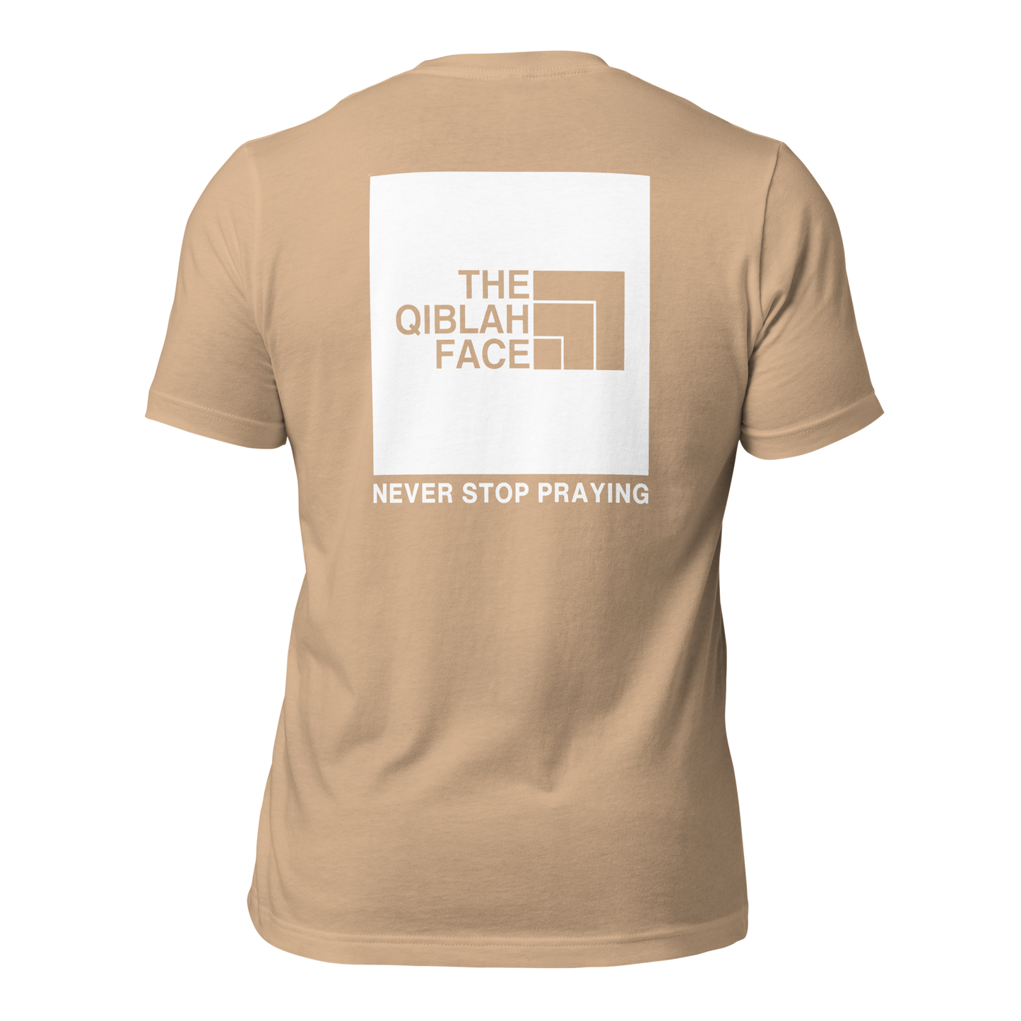 ADULT T-Shirt - THE QIBLAH FACE (Never Stop Praying - Back Logo) - White