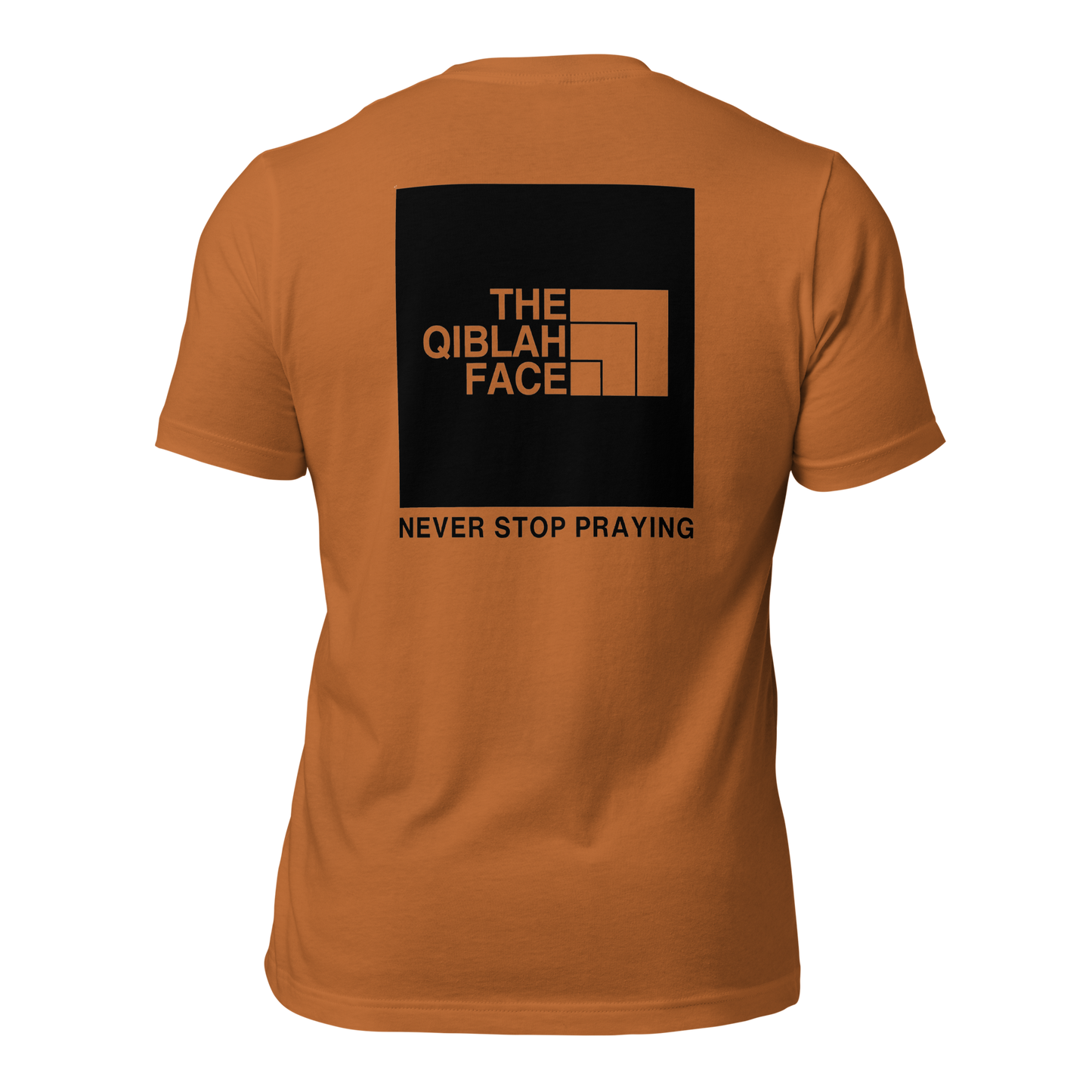 ADULT T-Shirt - THE QIBLAH FACE (Never Stop Praying - Back Logo) - Black
