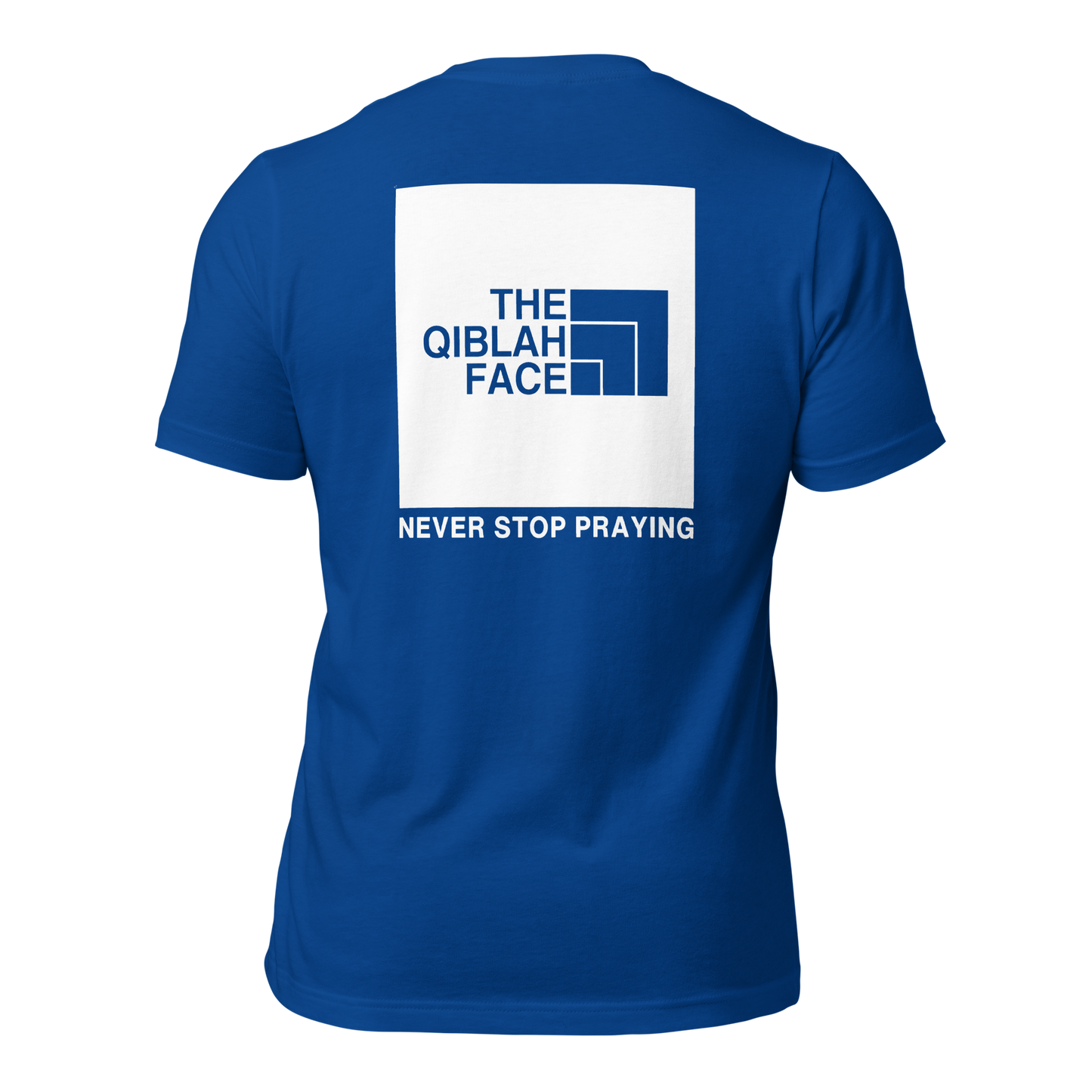 ADULT T-Shirt - THE QIBLAH FACE (Never Stop Praying - Back Logo) - White