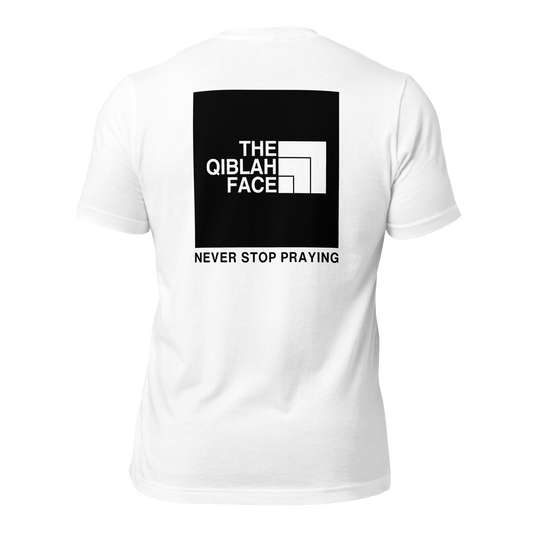ADULT T-Shirt - THE QIBLAH FACE (Never Stop Praying - Back Logo) - Black